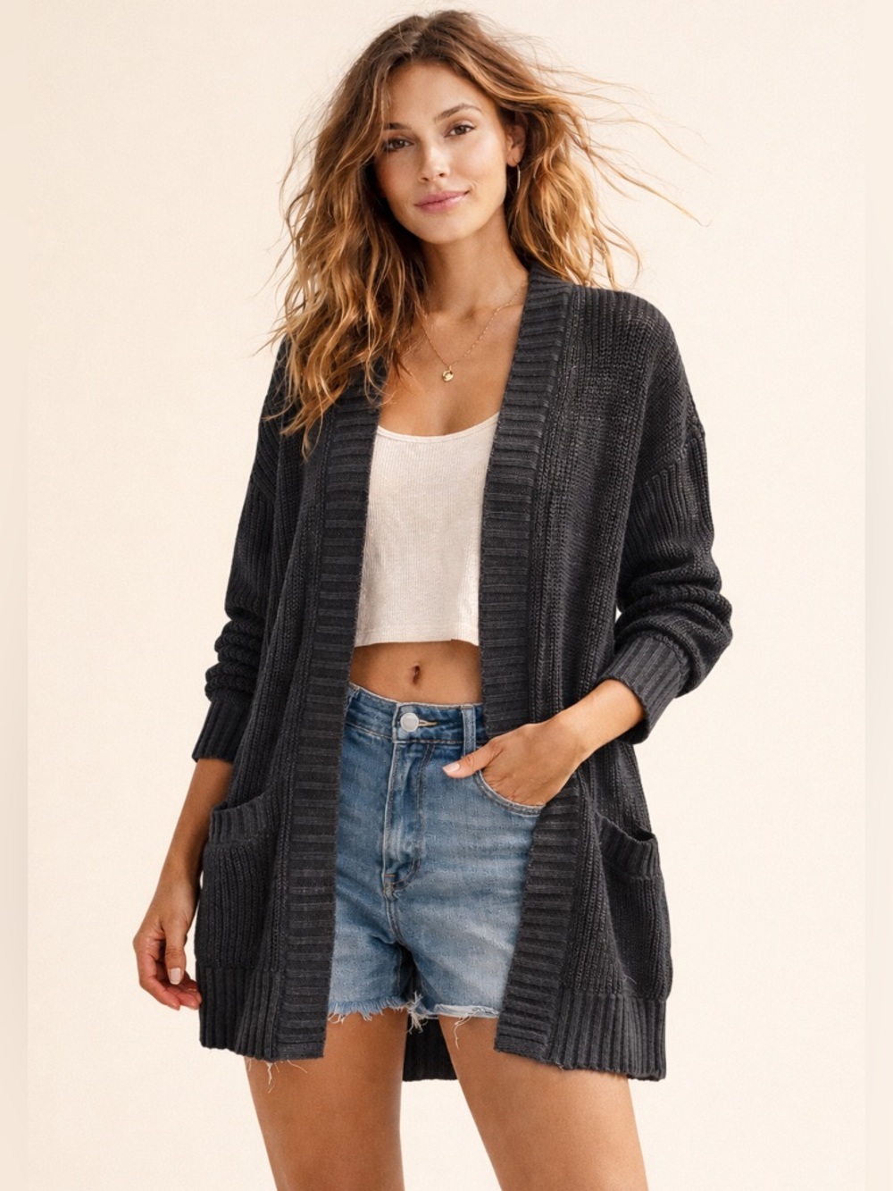 Hollister Black Sun washed Chunky Knit Cardigan Sweater Open Front Pockets XS/S